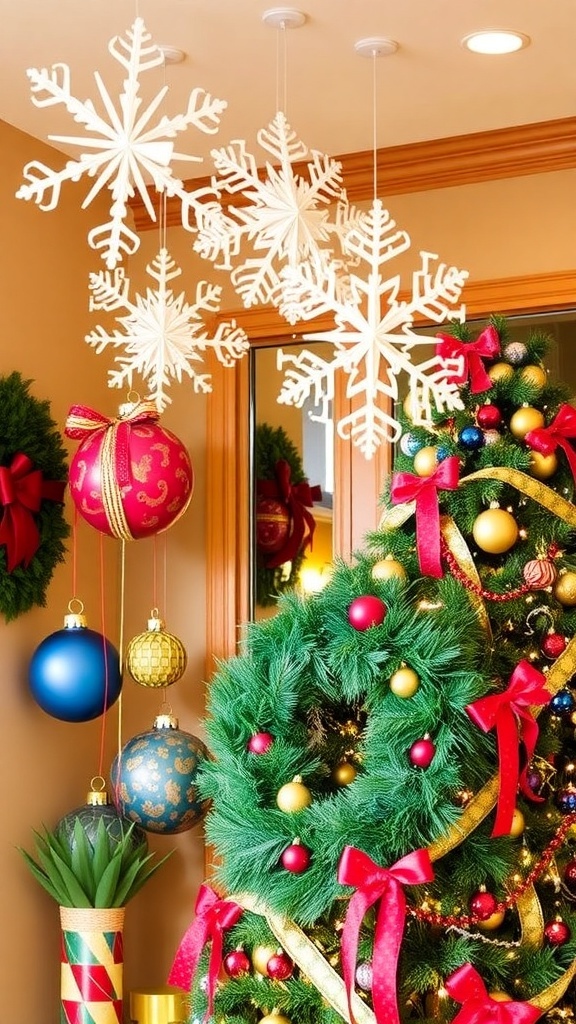 A collection of large DIY Christmas decorations including paper snowflakes, oversized ornaments, and a festive wreath.